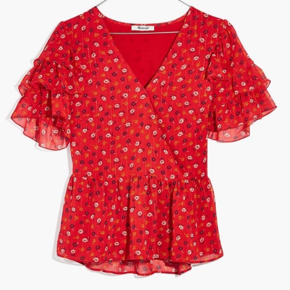 MADEWELL Tiered Sleeved Red Peplum Top In Metallic Prairie Posies NEW - Picture 2 of 9